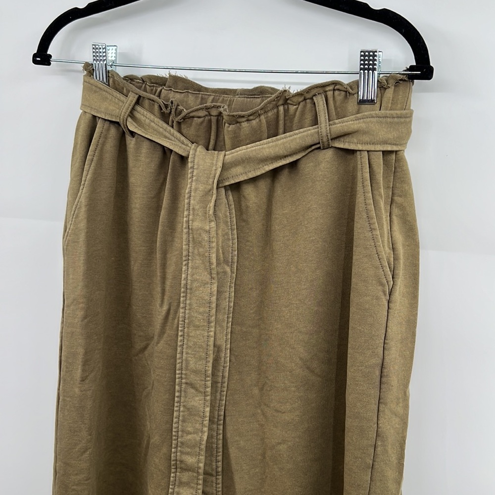 🆕Olive Green French Terry Paperbag Waist Tie High Waist Wide Leg Pants S,M & L - Picture 14 of 16